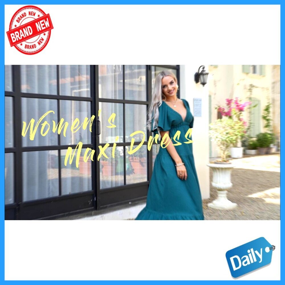 V-Neck Maxi Dress with Flutter Sleeves Backless Elastic Waist Tiered Flowy - Picture 7 of 7